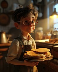 A boy in glasses holding a plate of pancakes. Generative AI.