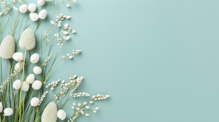 Easter celebration background with pastel eggs and fresh spring flowers against a soothing teal backdrop.