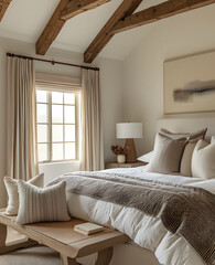 White bedroom with beige walls and wooden beams, in the style of american tonalist, textured compositions, domestic interiors, contemporary diy, soft.