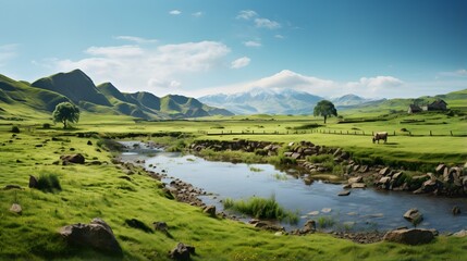Grazing Cow near a River on a Bright Sunny Day