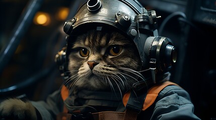 A cat wearing a pilot helmet is sitting in a cockpit.