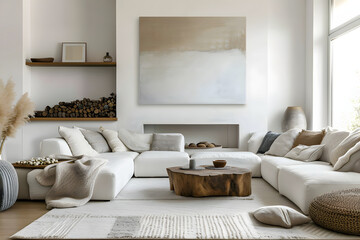 White living room with modern furniture and fireplace, in the style of wood, light brown and dark beige, large canvas sizes, rustic figurative, nature morte, large-scale canvas.