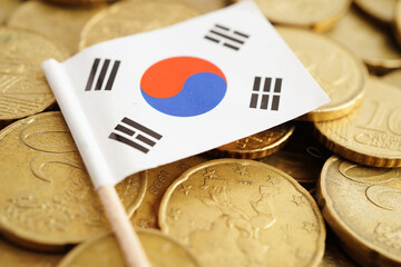 South Korea flag on coins background, finance and accounting, banking concept.