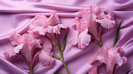 A beautiful arrangement of pink gladiolus flowers elegantly draped across a smooth silk fabric, creating a luxurious floral display.