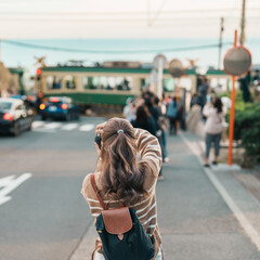 Woman tourist Visiting in Kamakura, Kanagawa, Japan. happy Traveler sightseeing Kamakurakokomae...