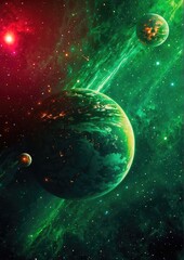 green space scene with multiple planets, some with rings, against a starry background with a nebulous green cloud