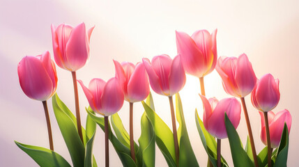 Row of pink tulips basking in a warm backlight, creating a serene and inviting springtime scene with a soft glow.