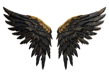 Golden Black angel wings feather bird wings isolated on white background Generated by Ai - obrazy, fototapety, plakaty