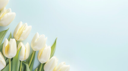 White tulips with subtle yellow accents elegantly arranged on a soft pale blue background, evoking a tranquil mood.