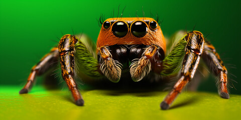 The Best shot of jumping spider Macro spider in nature  closeup shot of a spider on the yellow background. 
