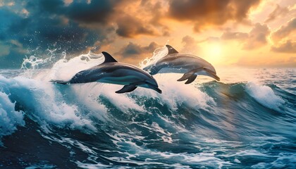 Fototapeta premium Dolphins jumping over waves illustration