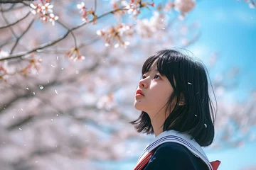 Foto op Canvas 桜満開の中、空を仰ぐ女子学生01 © yukinoshirokuma