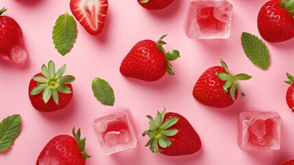 Juicy red strawberries and transparent ice cubes scattered on a pink surface, creating a refreshing composition.