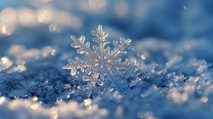 A close-up of snowflakes on the snow
