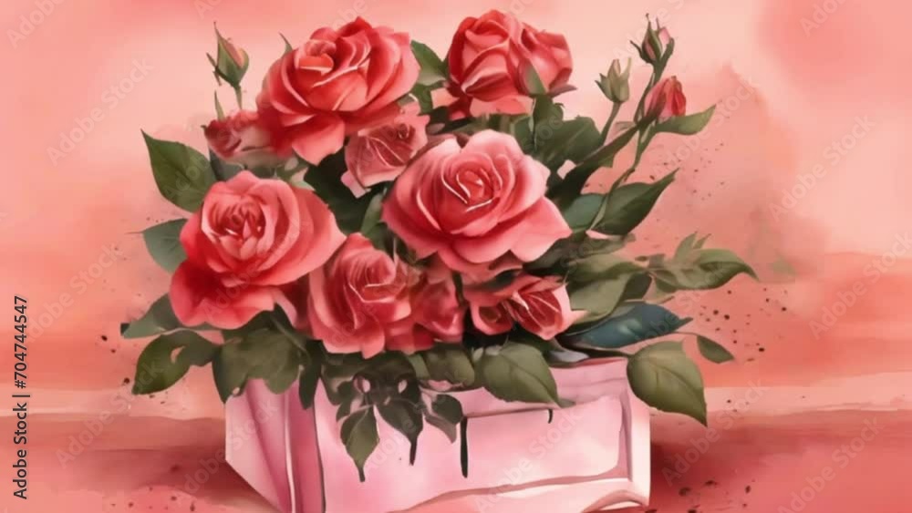 Wall mural Watercolor red rose bouquet in a pink box, motion