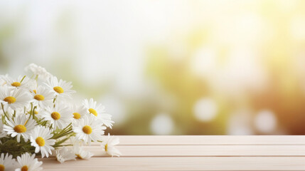 A bunch of fresh white daisies placed on a wooden table, illuminated by warm sunlight with a soft-focus background.