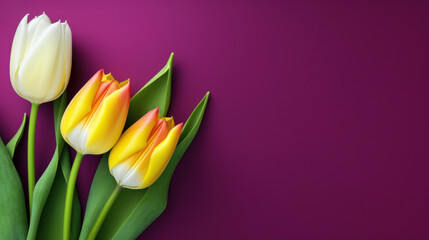 Fototapeta premium Vibrant yellow and white tulips arranged neatly on a deep purple background, offering a striking contrast and a touch of spring.