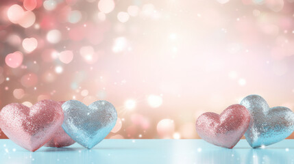 Four sparkling heart decorations in pink and blue hues on a reflective surface with dreamy bokeh light background.