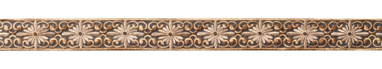 菊と唐草の刺繍のある帯状の布地の背景テクスチャー