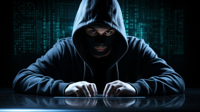 A masked person wearing a hoodie is sitting in front of a computer.