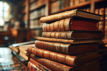 stack of antique leather books in library. - obrazy, fototapety, plakaty