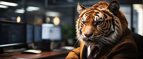 buying stocks with a mesmerizing depiction of an business Tiger, their back presented in a half-turn, wearing suits in an office, seated in front of a commanding monitor - obrazy, fototapety, plakaty