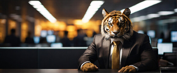 buying stocks with a mesmerizing depiction of an business Tiger, their back presented in a half-turn, wearing suits in an office, seated in front of a commanding monitor - obrazy, fototapety, plakaty