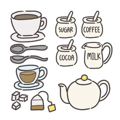 Cute Vector illustrations of hot drinks, coffee, tea, and supplies, are available for use in any project.