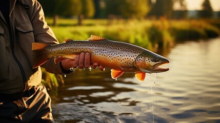 Obraz premium Brown trout caught by an angler in a river