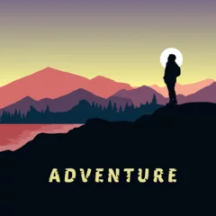 Poster silhouette of a person in the mountains, adventure design concept for background © Abu