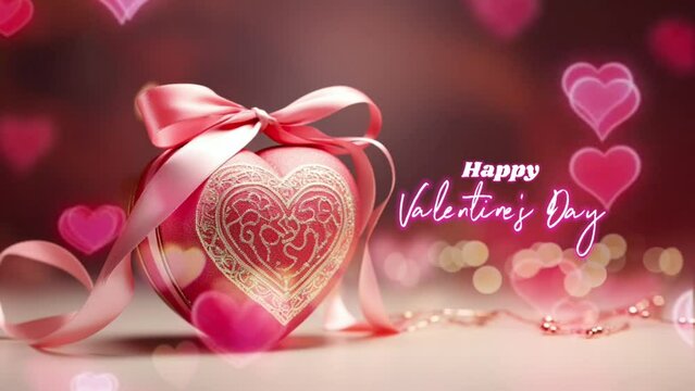 Happy Valentine's Day Greeting of a Beautiful Valentine gift box with rose flower decoration and blur twinkling heart lights background