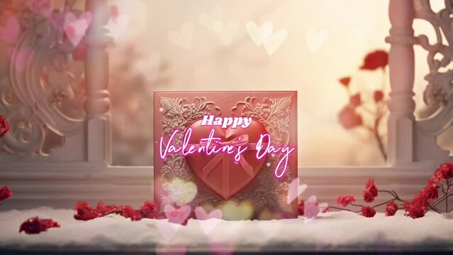 Happy Valentine's Day Greeting of a Beautiful Valentine gift box with rose flower decoration and blur twinkling heart lights background