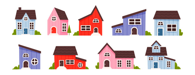Set of cute different houses, vector cartoon illustration isolated on white background