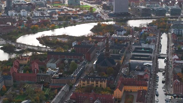 Aerial circling shot of Vor Frelsers Kirke Copenhagen