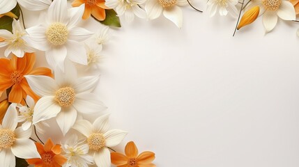 White and orange clematis flowers laid flat on a white background with copy space for lettering