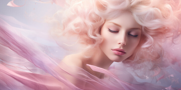beautiful young model blonde curly hair Illustration of woman sleeping and dreaming. Psychic wave  concept girl considers mind and heart, spirituality, esotericism pink  Beauty, fashion.AI Generative