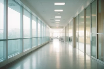 Fotobehang Blur image background of hospital clinic corridor empty hallway glass window ceiling door healthcare generative ai © VistaVisions