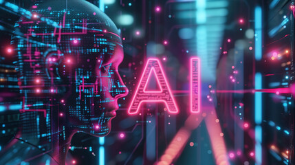 Futuristic Artificial Intelligence: Holographic Profiles, Glowing Data Streams, and Cybernetic Human Faces with Neon Lights and Circuitry