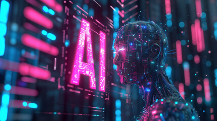 Futuristic Artificial Intelligence: Holographic Profiles, Glowing Data Streams, and Cybernetic Human Faces with Neon Lights and Circuitry