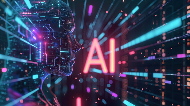 Futuristic Artificial Intelligence: Holographic Profiles, Glowing Data Streams, and Cybernetic Human Faces with Neon Lights and Circuitry