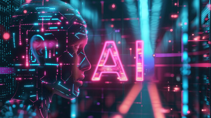 Futuristic Artificial Intelligence: Holographic Profiles, Glowing Data Streams, and Cybernetic Human Faces with Neon Lights and Circuitry