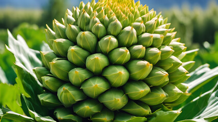 Obraz premium Artichoke on a green background, globe artichoke vegetable, medicine food wallpaper, Healthy Burgeoning Organic Artichokes in Fine Flourishing Growth.