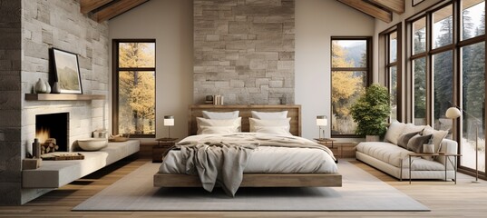 Modern mountain home bedroom interior design - obrazy, fototapety, plakaty