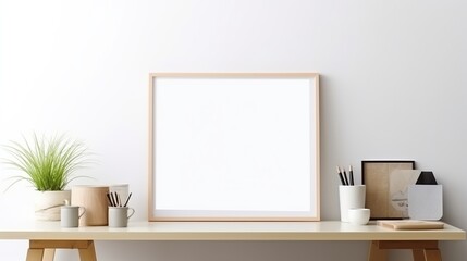 Obraz premium Mock up frame on wooden table, Mock up frame on table, 3d rendering