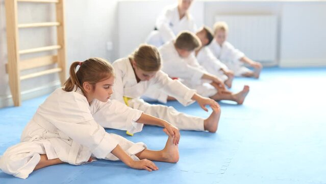 Teacher study children followers perform warm-up exercises and legs stretching. High quality 4k footage