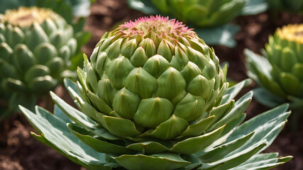 Fototapeta premium Artichoke on a green background, globe artichoke vegetable, medicine food wallpaper, Healthy Burgeoning Organic Artichokes in Fine Flourishing Growth.