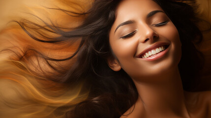 An Indian woman with brown skin and dark hair blowing in the wind smiles beautifully.