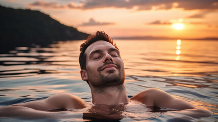 A man floats serenely in the ocean, his eyes closed and a calm smile on his face.