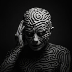 A portrait depicts a humanoid figure with body paint resembling a brain, suggesting a sci-fi or alien theme.