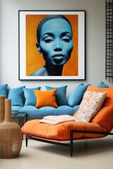 Blue and orange living room with portrait of black woman